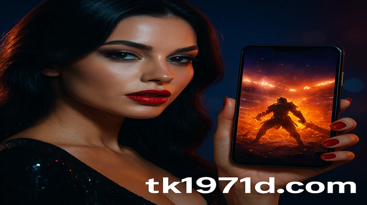 লাল লিপস্টিক-লাগা এক সুন্দর নারী একটি স্মার্টফোন ধরে tk1971 মবাইল গেম ইন্টারফেসটি দেখাচ্ছেন, ভিড় জড়ানো ক্রীড়া স্টেডিয়ামে মাঠটি আগুন-রঙে জ্বলছে।